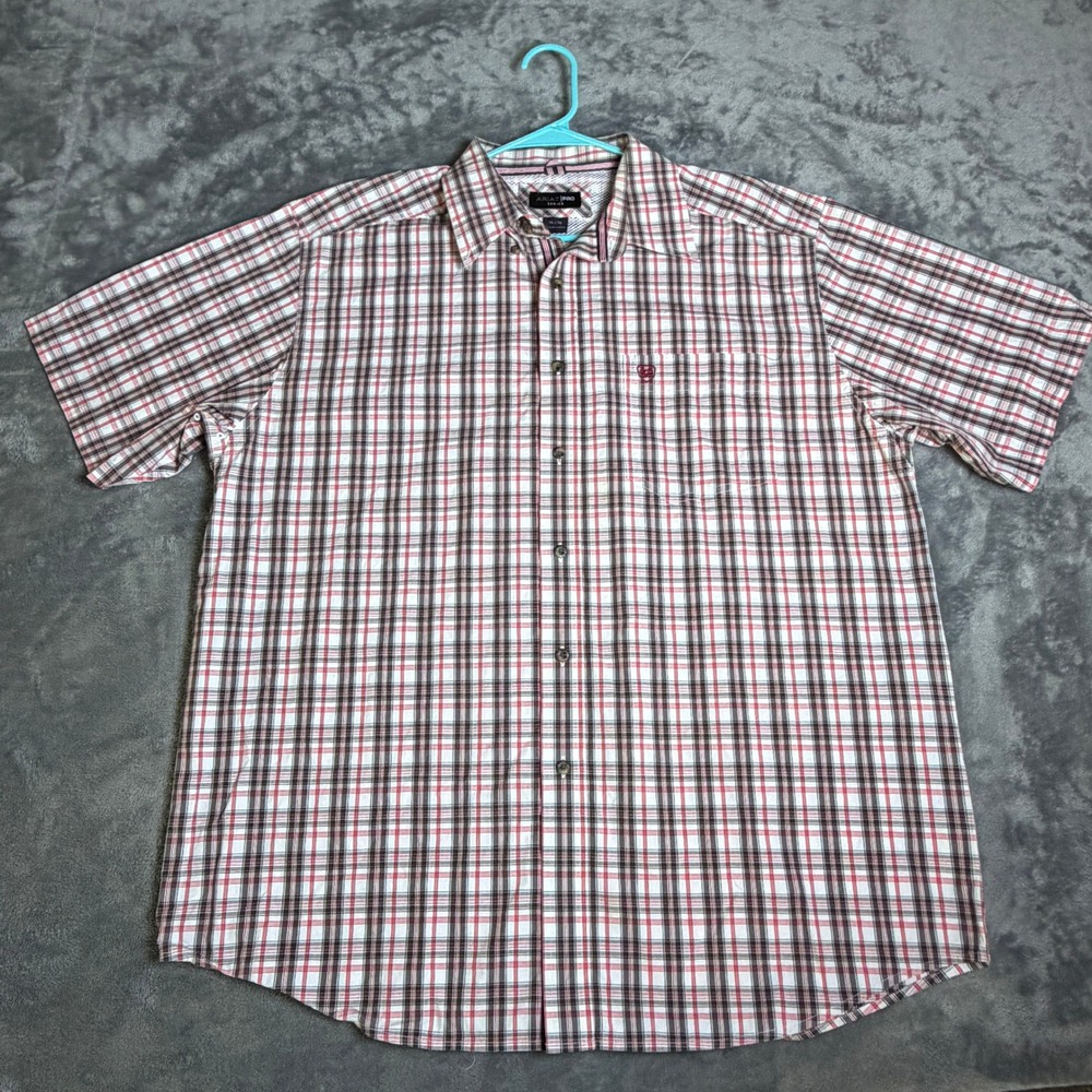 Ariat Pro Series Mens XL Red White Brown Plaid Short Sleeve Button Down Shirt